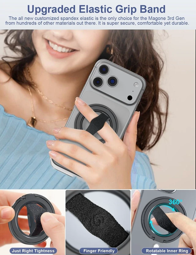 Alt view image 10 of 14 - Phone Grip Stand with Finger Strap, Removable Magnetic Ring Holder Kickstand Loop for iPhone 17,16,15,14,13,12 Series (Black)
