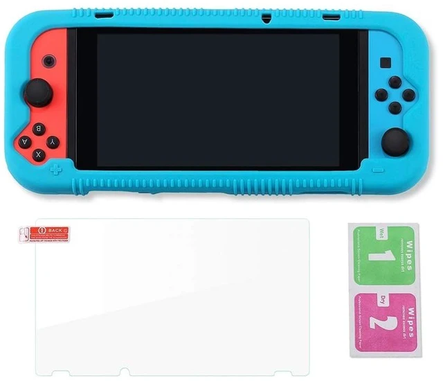 Alt view image 14 of 14 - Protective Silicone Case for Nintendo Switch, Grip Cover with Tempered Glass Screen Protector, 2 Storage Slots for Game Cards, Shock-Absorption & Anti-Scratch (Blue)