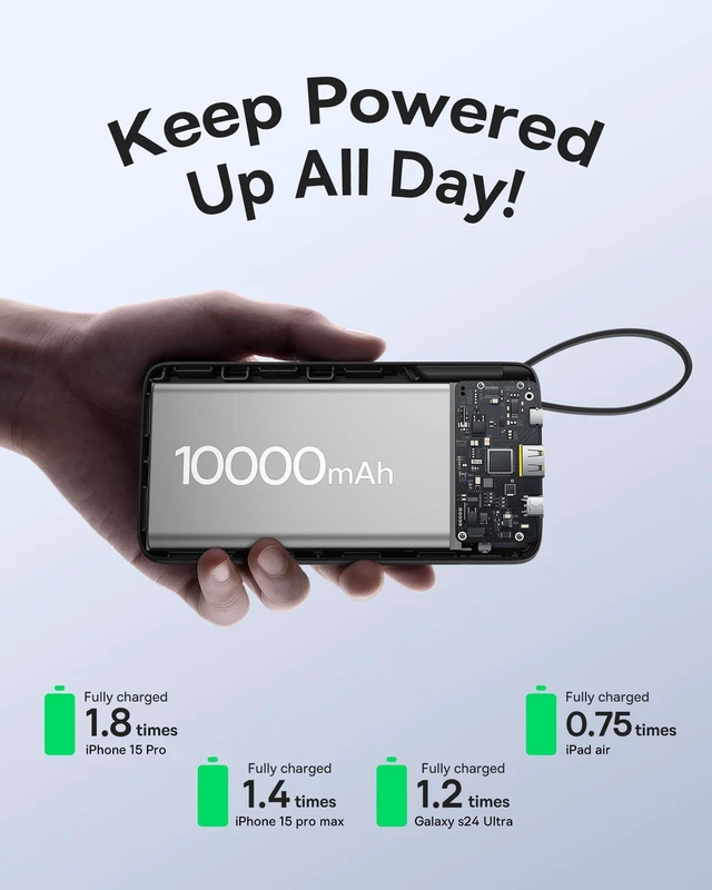 Alt view image 13 of 14 - Portable Charger, 10000mAh Fast Charging Power Bank, 22.5W PD3.0 QC3.0 Battery Pack Built-in USB C Braided Cable, Travel Essentials for iPhone 17 16 15, iPad, S25/S24, Indoor/Outdoor, Travel