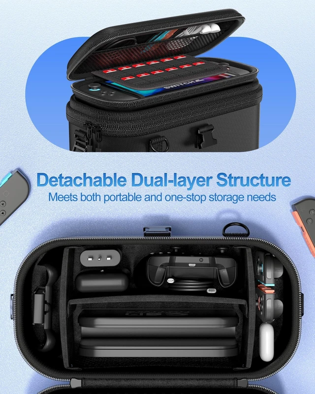 Alt view image 11 of 14 - All-in-One Carrying Case for Nintendo Switch 2, Dual-Layer Hard Shell Travel Bag for Console, Dock, Controllers & Accessories, Protective Storage Case, Large Capacity - Black