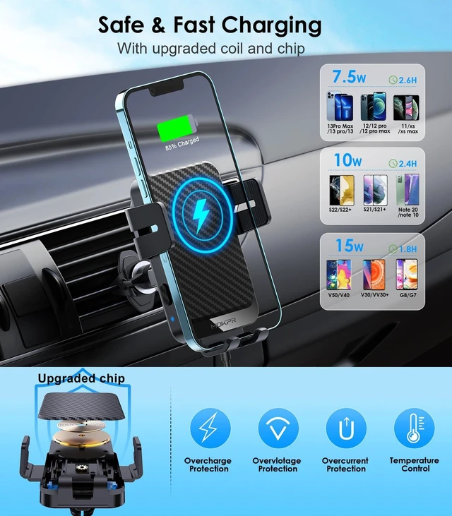 Alt view image 9 of 14 - Wireless Car Charger, 15W Fast Charging Auto-Clamping Car Charger Phone Mount Air Vent Cell Phone Holder Compatible iPhone 16/15/14/13/13 Pro/12 pro/12/11, Samsung Galaxy S23/S22/S21/S20, etc