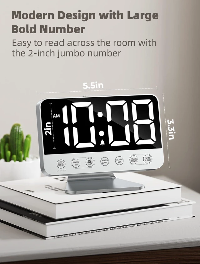 Alt view image 9 of 14 - Digital Alarm Clocks for Bedrooms: Large Bold Number 5 Brightness Dimmer - Easy to Read Across The Room - 5 Alarm Sound 8 Night Light - Silver