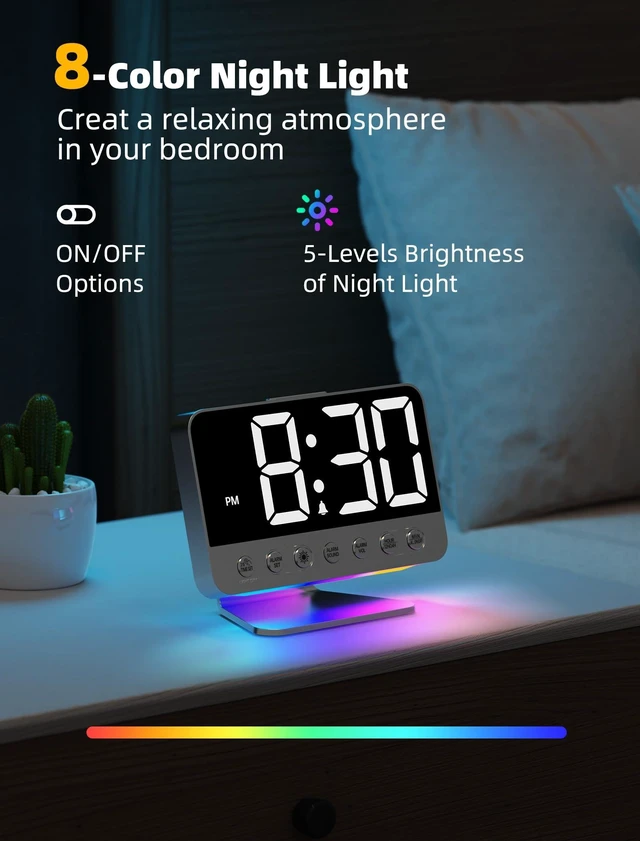 Alt view image 12 of 14 - Digital Alarm Clocks for Bedrooms: Large Bold Number 5 Brightness Dimmer - Easy to Read Across The Room - 5 Alarm Sound 8 Night Light - Silver
