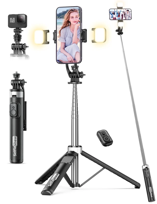 Alt view image 8 of 14 - 53'' Selfie Stick Tripod with Light, Extendable Selfie Stick with Remote, Portable Cell Phone Tripod Stand with All in 1 Phone Clip, Lightweight Camera Tripod Compatible with iPhone 17 16 15, Android