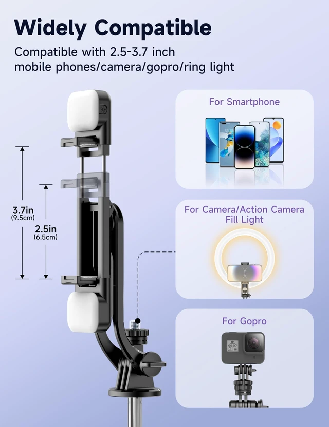 Alt view image 12 of 14 - 53'' Selfie Stick Tripod with Light, Extendable Selfie Stick with Remote, Portable Cell Phone Tripod Stand with All in 1 Phone Clip, Lightweight Camera Tripod Compatible with iPhone 17 16 15, Android