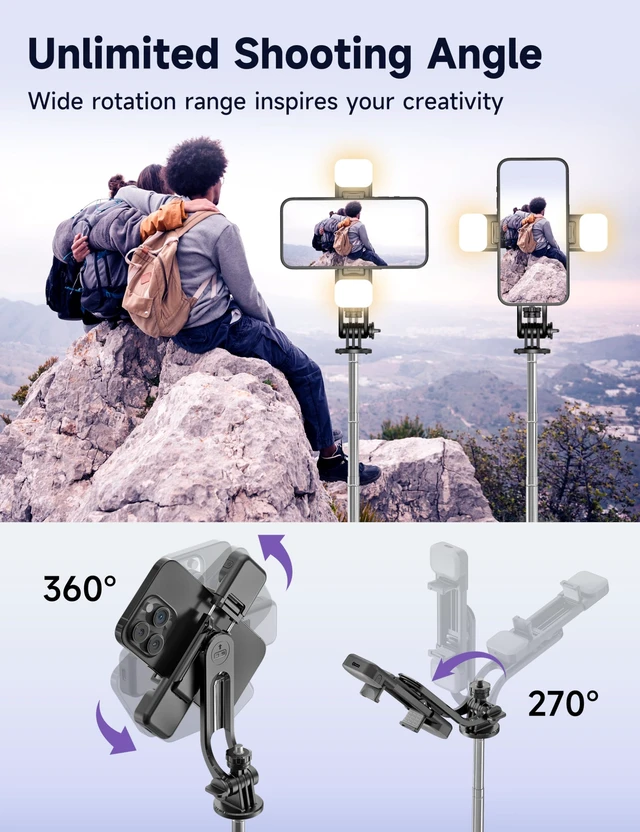 Alt view image 13 of 14 - 53'' Selfie Stick Tripod with Light, Extendable Selfie Stick with Remote, Portable Cell Phone Tripod Stand with All in 1 Phone Clip, Lightweight Camera Tripod Compatible with iPhone 17 16 15, Android
