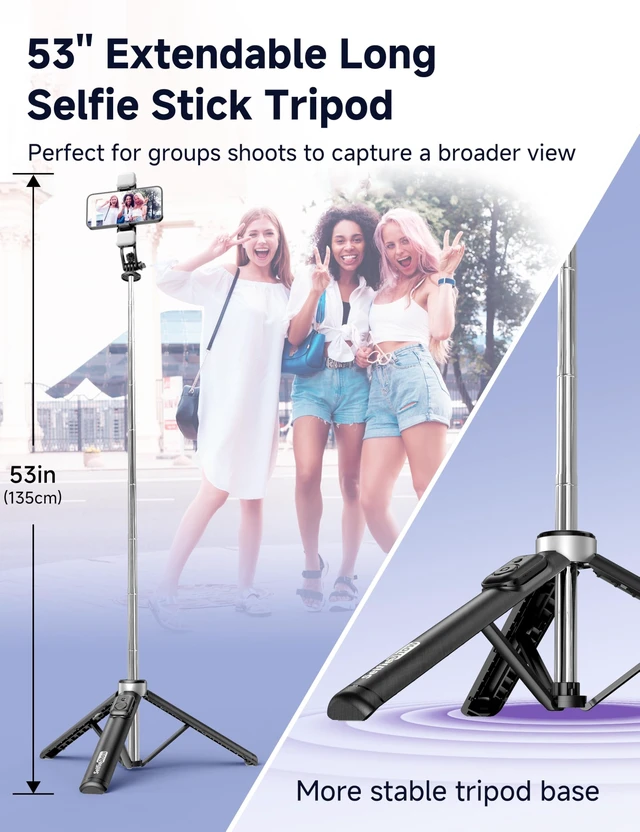 Alt view image 10 of 14 - 53'' Selfie Stick Tripod with Light, Extendable Selfie Stick with Remote, Portable Cell Phone Tripod Stand with All in 1 Phone Clip, Lightweight Camera Tripod Compatible with iPhone 17 16 15, Android