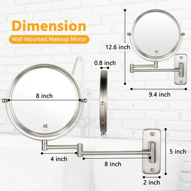 Alt view image 11 of 14 - Wall Mounted Makeup Mirror - 1X/10X Magnifying Mirror Double Sided, 8 Inch Extendable Bathroom Mirror, Nickel Finish