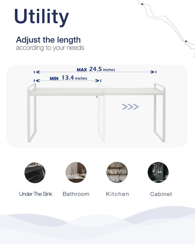 Alt view image 11 of 14 - Cabinet Shelf Organizer Expandable, 8.6 Inch Deep Adjustable 13 to 24 Inch Metal Shelf Riser for Kitchen Pantry Cupboard Countertop Under Sink, Heavy Duty Stackable Storage Rack, White