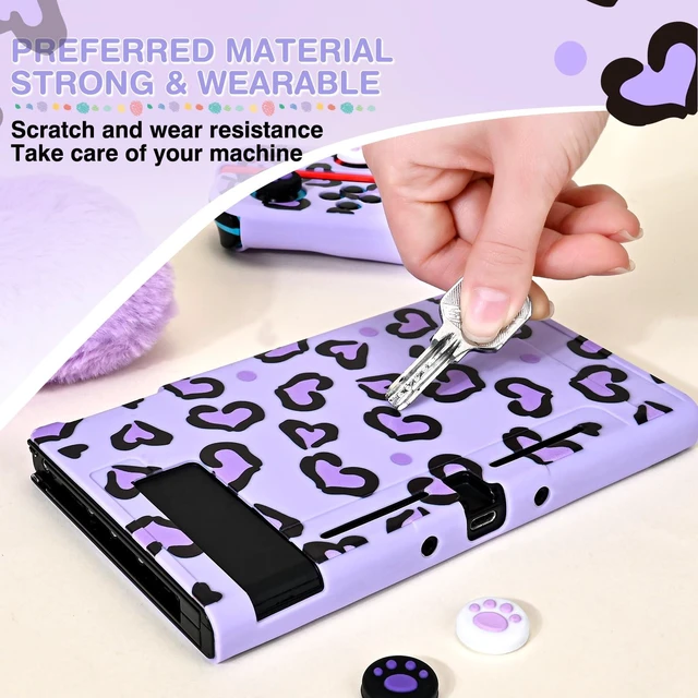 Alt view image 9 of 14 - Love Case Design for Switch Console 2017, Anti-Slip Shock-Absorption Plastic Protective Soft Carrying Case and Joy Con Controller with 4 PCS Cat Paw Thumb Grips Caps - Heart Purple Purple