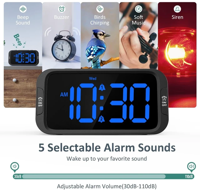 Alt view image 11 of 14 - Digital Dual Alarm Clock for Bedroom, Easy to Set, 0-100% Dimmer, USB Charger, 5 Sounds Adjustable Volume, Weekday/Weekend Mode, Snooze, 12/24Hr, Battery Backup, Compact for Bedside(Blue)