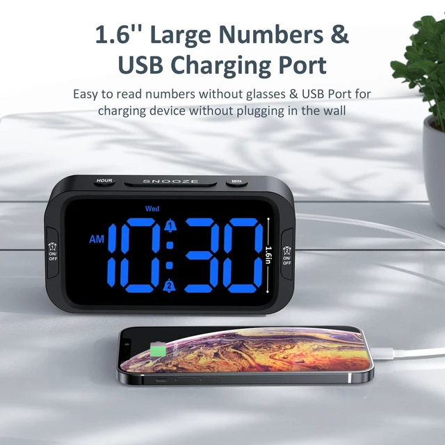 Alt view image 12 of 14 - Digital Dual Alarm Clock for Bedroom, Easy to Set, 0-100% Dimmer, USB Charger, 5 Sounds Adjustable Volume, Weekday/Weekend Mode, Snooze, 12/24Hr, Battery Backup, Compact for Bedside(Blue)