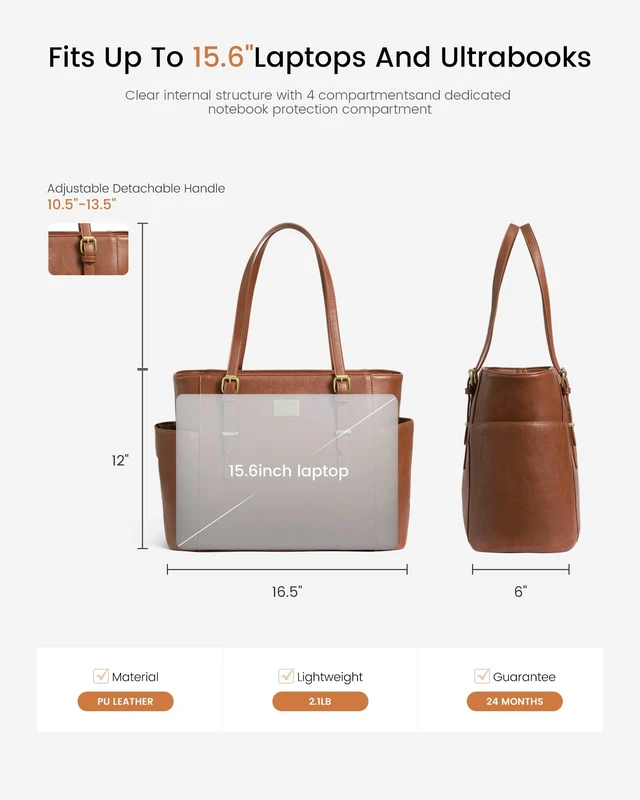 Alt view image 12 of 12 - Laptop Tote Bag for Women, Vintage Leather 15.6 Inch Work Tote with Large Water Bottle Pocket, Teacher Nurse Professional Computer Bag, Office Briefcase Handbag Gift, Brown