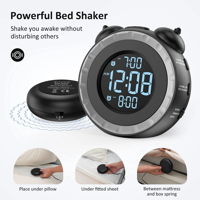 Alt view image 9 of 14 - Loud Dual Alarm Clock with Bed Shaker - 0-100% Dimmer, Vibrating Alarm Clock for Heavy Sleepers or Hearing Impaired, Easy to Set, USB Charging Port, Snooze, Battery Backup