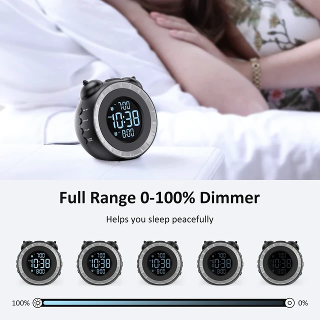 Alt view image 10 of 14 - Loud Dual Alarm Clock with Bed Shaker - 0-100% Dimmer, Vibrating Alarm Clock for Heavy Sleepers or Hearing Impaired, Easy to Set, USB Charging Port, Snooze, Battery Backup