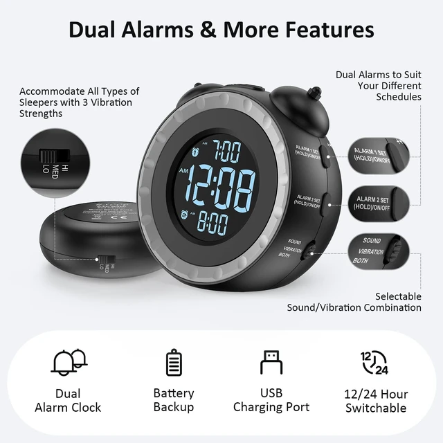 Alt view image 13 of 14 - Loud Dual Alarm Clock with Bed Shaker - 0-100% Dimmer, Vibrating Alarm Clock for Heavy Sleepers or Hearing Impaired, Easy to Set, USB Charging Port, Snooze, Battery Backup