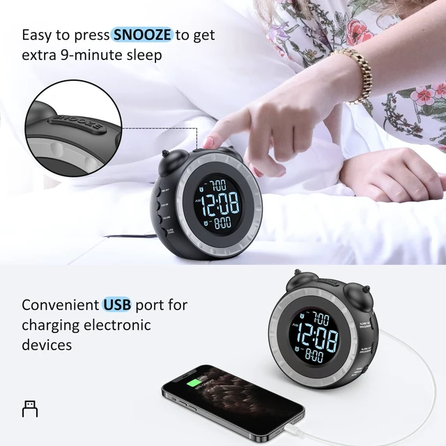 Alt view image 14 of 14 - Loud Dual Alarm Clock with Bed Shaker - 0-100% Dimmer, Vibrating Alarm Clock for Heavy Sleepers or Hearing Impaired, Easy to Set, USB Charging Port, Snooze, Battery Backup