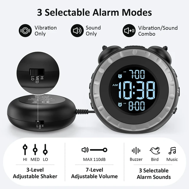 Alt view image 12 of 14 - Loud Dual Alarm Clock with Bed Shaker - 0-100% Dimmer, Vibrating Alarm Clock for Heavy Sleepers or Hearing Impaired, Easy to Set, USB Charging Port, Snooze, Battery Backup