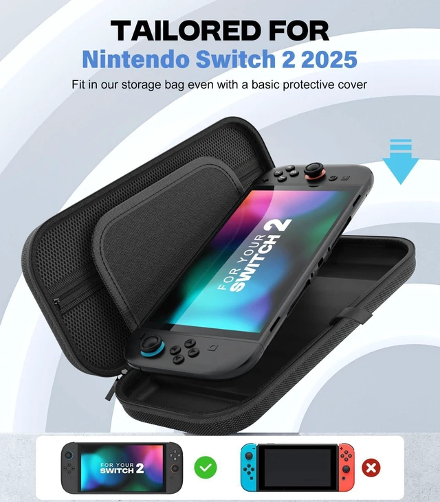 Alt view image 9 of 14 - Carrying Case for Nintendo Switch 2 2025, Protective Hard Shell Portable Travel Carry Case Pouch Holds 10 Cartridges w/Pockets for Switch 2 Accessories and Games, Black