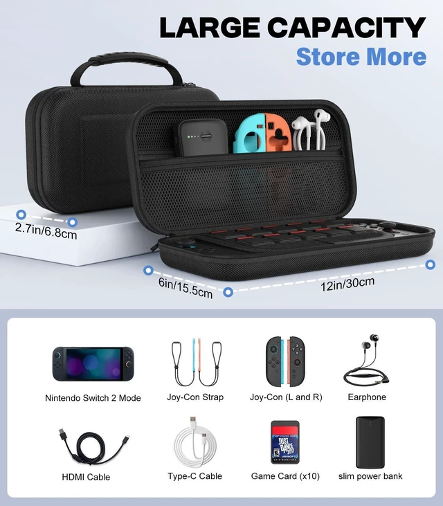 Alt view image 10 of 14 - Carrying Case for Nintendo Switch 2 2025, Protective Hard Shell Portable Travel Carry Case Pouch Holds 10 Cartridges w/Pockets for Switch 2 Accessories and Games, Black