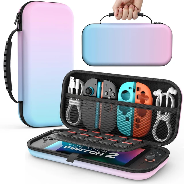 Alt view image 8 of 14 - Carrying Case for Nintendo Switch 2(2025), Protective Hard Shell Portable Travel Carry Case Pouch holds 10 Cartridges with Pockets for Switch 2 Accessories and Games, Blue Pink