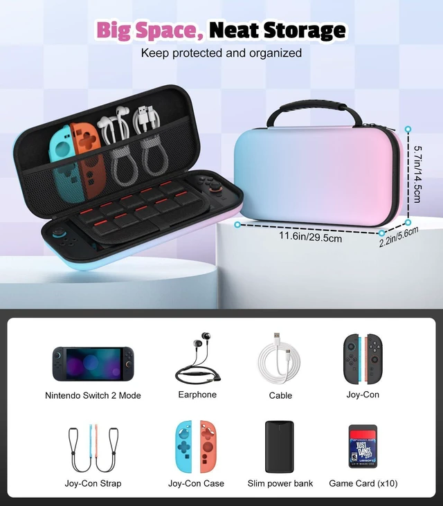 Alt view image 11 of 14 - Carrying Case for Nintendo Switch 2(2025), Protective Hard Shell Portable Travel Carry Case Pouch holds 10 Cartridges with Pockets for Switch 2 Accessories and Games, Blue Pink