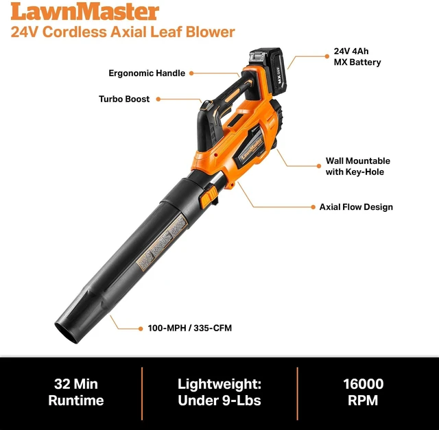 Alt view image 10 of 12 - Leaf Blower Cordless, LawnMaster Leaf Blower 24V Max with 4.0Ah Battery and a Charger-CLBL2417A