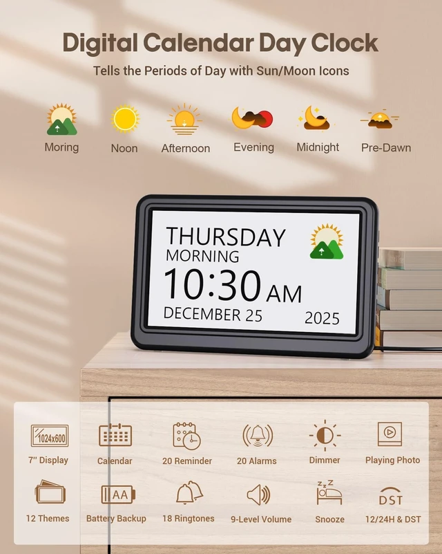Alt view image 9 of 14 - Clock with Day and Date for Elderly, 7" Large Display Digital Calendar Day Clock with 20 Custom Alarms and Medicine Reminders, Dimmable Dementia Alzheimers Clocks for Seniors, Black (Ac Powered)