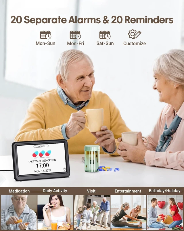 Alt view image 10 of 14 - Clock with Day and Date for Elderly, 7" Large Display Digital Calendar Day Clock with 20 Custom Alarms and Medicine Reminders, Dimmable Dementia Alzheimers Clocks for Seniors, Black (Ac Powered)