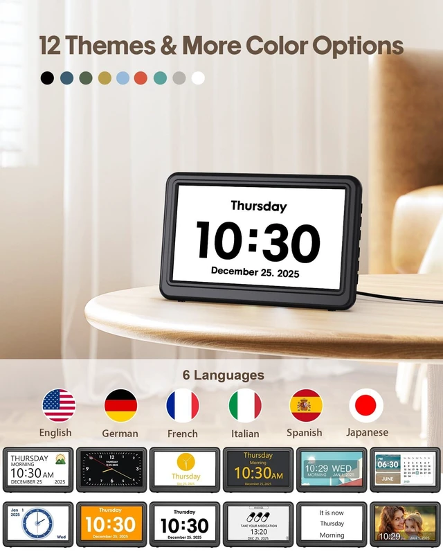 Alt view image 11 of 14 - Clock with Day and Date for Elderly, 7" Large Display Digital Calendar Day Clock with 20 Custom Alarms and Medicine Reminders, Dimmable Dementia Alzheimers Clocks for Seniors, Black (Ac Powered)