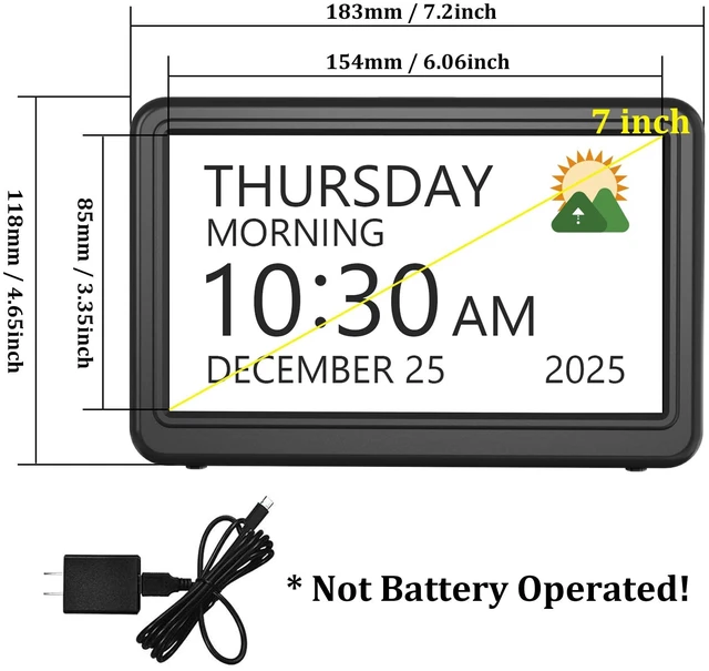 Alt view image 13 of 14 - Clock with Day and Date for Elderly, 7" Large Display Digital Calendar Day Clock with 20 Custom Alarms and Medicine Reminders, Dimmable Dementia Alzheimers Clocks for Seniors, Black (Ac Powered)