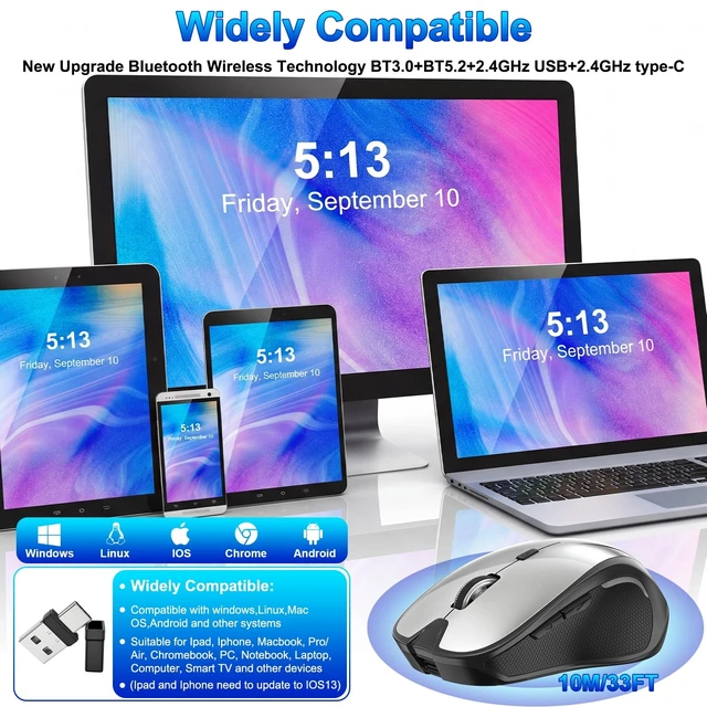 Alt view image 8 of 12 - Mouse for MacBook Bluetooth Wireless Mouse Laptop MacBook Air Mac Pro Silent Rechargeable PC iPad Optical Mouse with Jiggler Dual Mode Switch Bluetooth 5.2/3.0 and 2.4GHz USB Type-C Receiver BLACK