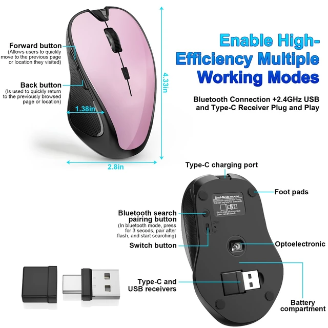 Alt view image 10 of 12 - Mouse for MacBook Bluetooth Wireless Mouse Laptop MacBook Air Mac Pro Silent Rechargeable PC iPad Optical Mouse with Jiggler Dual Mode Switch Bluetooth 5.2/3.0 and 2.4GHz USB Type-C Receiver ROSE GOLD