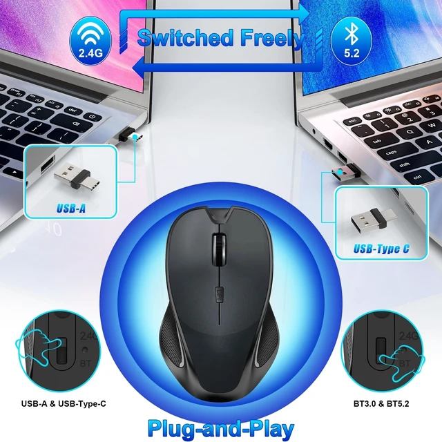 Alt view image 9 of 12 - Mouse for MacBook Bluetooth Wireless Mouse Laptop MacBook Air Mac Pro Silent Rechargeable PC iPad Optical Mouse with Jiggler Dual Mode Switch Bluetooth 5.2/3.0 and 2.4GHz USB Type-C Receiver BLACK
