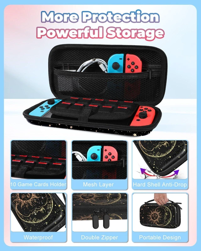 Alt view image 10 of 12 - Carrying Case for Nintendo Switch/Switch OLED Travel Carry Cases Hard Shell Protective Cover Strap Black Sun Moon Cute Girls Boys Accessories Storage Pouch Bag for Switch 1 (2017) /Oled 2021