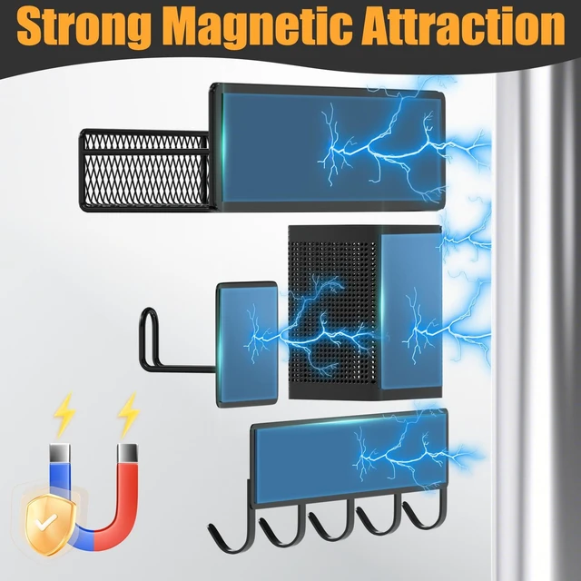 Alt view image 9 of 12 - Magnetic Spice Rack for Refrigerator, 10 Pack 100% Metal Strong Magnet Shelf, Moveable Spice Organizer W/ Adjustable Paper Towel Holder, Hook Rack & Utensil Caddy, Home Kitchen Laundry Storage, Black