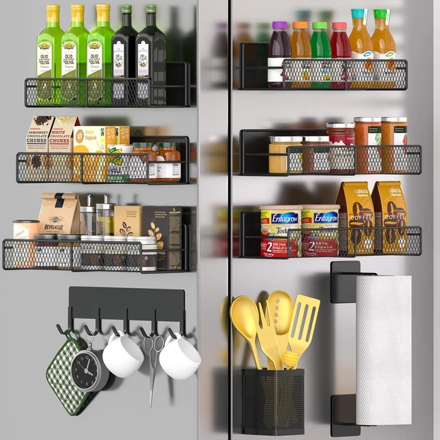 Alt view image 7 of 12 - Magnetic Spice Rack for Refrigerator, 10 Pack 100% Metal Strong Magnet Shelf, Moveable Spice Organizer W/ Adjustable Paper Towel Holder, Hook Rack & Utensil Caddy, Home Kitchen Laundry Storage, Black