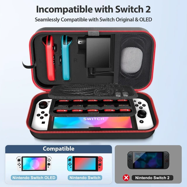 Alt view image 9 of 14 - Switch Carrying Case Compatible with Nintendo & OLED, Portable Switch Travel Carry Case Fit for Joy-Con and Adapter, Hard Shell Protective OLED Pouch Bag with 20 Games, Red For N DS Cases & Storage
