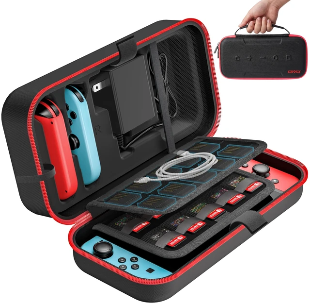 Alt view image 8 of 14 - Switch Carrying Case Compatible with Nintendo & OLED, Portable Switch Travel Carry Case Fit for Joy-Con and Adapter, Hard Shell Protective OLED Pouch Bag with 20 Games, Red For N DS Cases & Storage