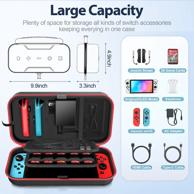 Alt view image 11 of 14 - Switch Carrying Case Compatible with Nintendo & OLED, Portable Switch Travel Carry Case Fit for Joy-Con and Adapter, Hard Shell Protective OLED Pouch Bag with 20 Games, Red For N DS Cases & Storage