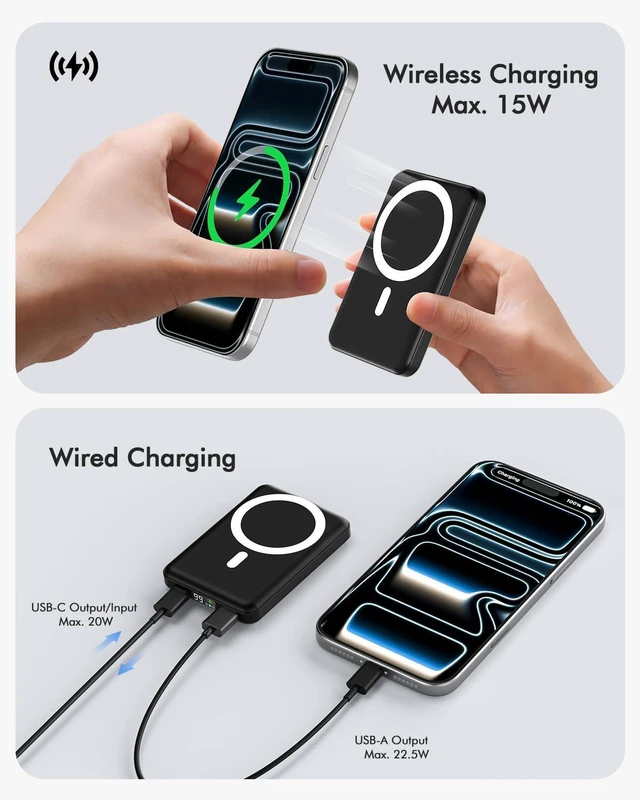 Alt view image 10 of 14 - for Magsafe Power Bank, 10000mAh Magnetic Portable Charger with 22.5W PD Fast Charging USB-C Cable LED Display Wireless Battery Pack for iPhone 17/16/15/14/13/12 Series-Black