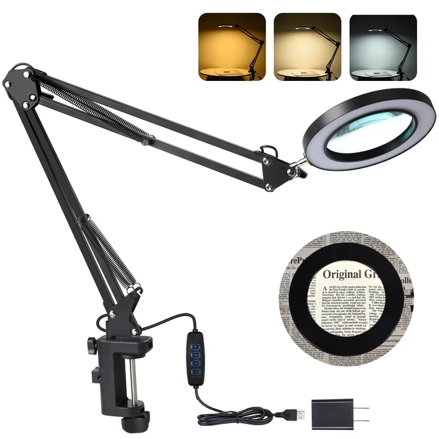 Alt view image 8 of 14 - LED Magnifier Desk Lamp with Stand, 3 Color Modes & Stepless Dimming 5-Diopter Glass Lens, Adjustable Swivel Arm - Magnifying lamp for Close Work, Repair, Crafts, Reading - Long