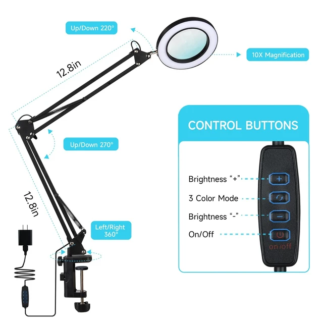 Alt view image 9 of 14 - LED Magnifier Desk Lamp with Stand, 3 Color Modes & Stepless Dimming 5-Diopter Glass Lens, Adjustable Swivel Arm - Magnifying lamp for Close Work, Repair, Crafts, Reading - Long