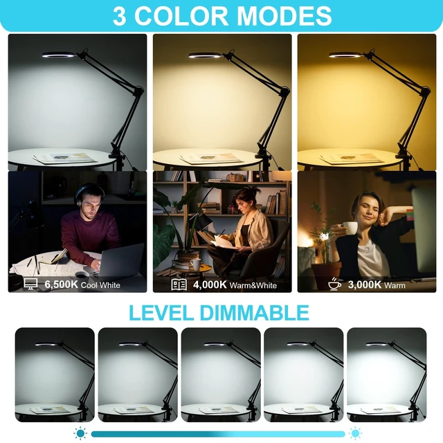 Alt view image 10 of 14 - LED Magnifier Desk Lamp with Stand, 3 Color Modes & Stepless Dimming 5-Diopter Glass Lens, Adjustable Swivel Arm - Magnifying lamp for Close Work, Repair, Crafts, Reading - Long