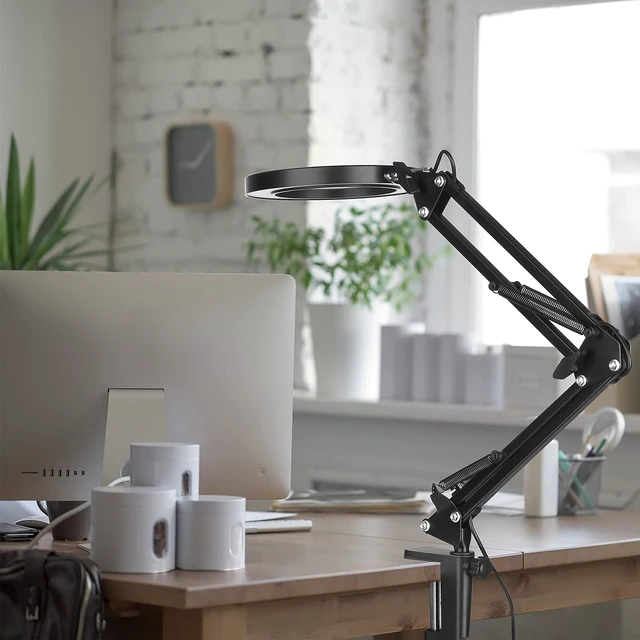 Alt view image 13 of 14 - LED Magnifier Desk Lamp with Stand, 3 Color Modes & Stepless Dimming 5-Diopter Glass Lens, Adjustable Swivel Arm - Magnifying lamp for Close Work, Repair, Crafts, Reading - Long