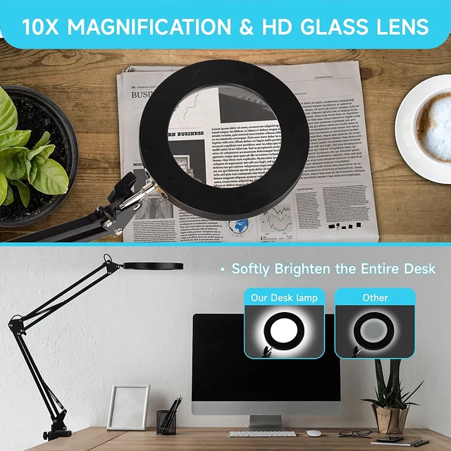 Alt view image 12 of 14 - LED Magnifier Desk Lamp with Stand, 3 Color Modes & Stepless Dimming 5-Diopter Glass Lens, Adjustable Swivel Arm - Magnifying lamp for Close Work, Repair, Crafts, Reading - Long