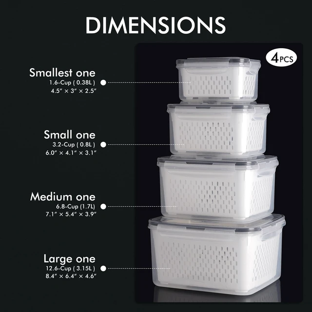 Alt view image 9 of 14 - 4-Pack Large Fruit Storage Container for Fridge Leak proof with Removable Colander, BPA Free Dishwasher & microwave safe Largest 3.15L