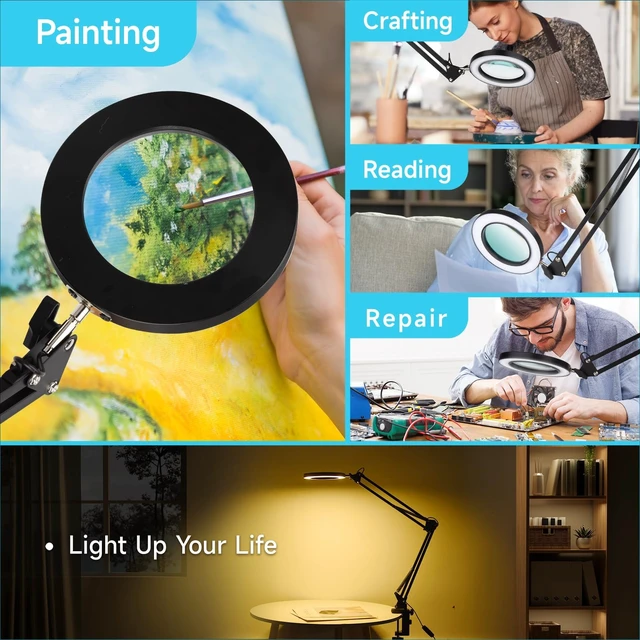 Alt view image 14 of 14 - LED Magnifier Desk Lamp with Stand, 3 Color Modes & Stepless Dimming 5-Diopter Glass Lens, Adjustable Swivel Arm - Magnifying lamp for Close Work, Repair, Crafts, Reading - Long