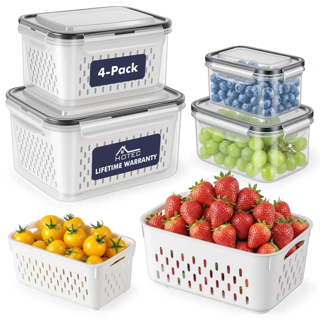 Alt view image 8 of 14 - 4-Pack Large Fruit Storage Container for Fridge Leak proof with Removable Colander, BPA Free Dishwasher & microwave safe Largest 3.15L