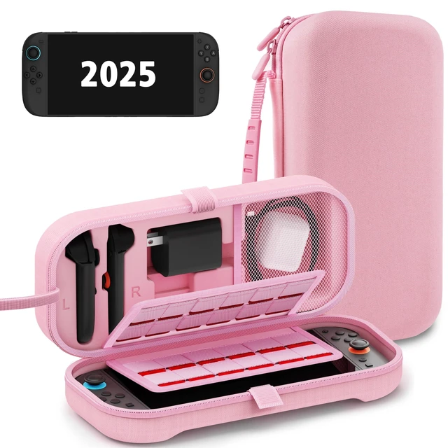 Alt view image 8 of 14 - Carrying Case for Nintendo Switch 2 Model(2025), Large Capacity Travel Case Fits Original Adapter, Joycons, 24 Game Cartridge, Protective Hard Shell Pouch for Switch 2 Accessories, Pink